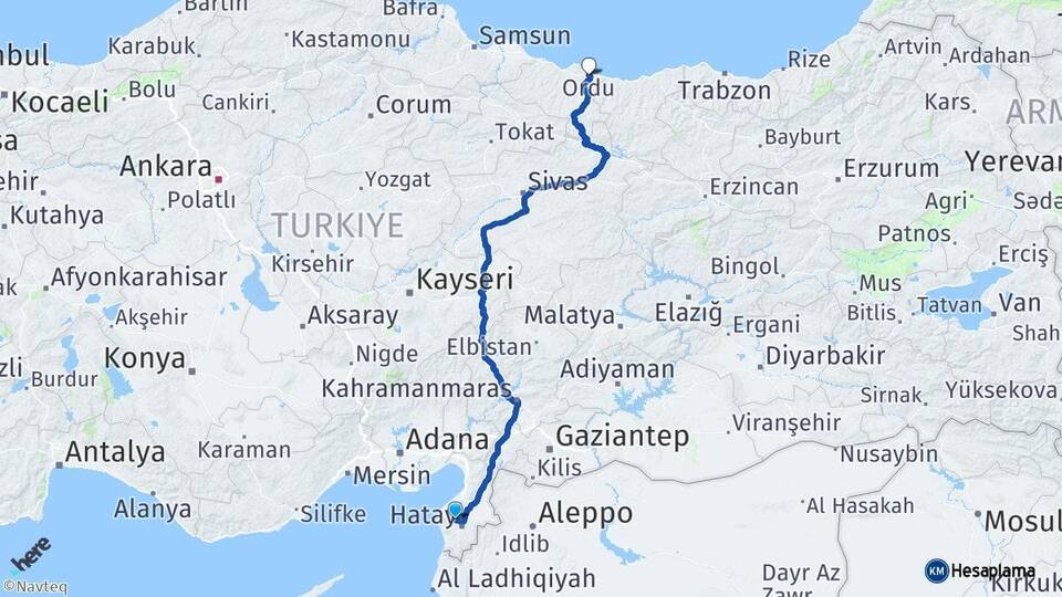 Hatay Antakya Ordu Arası Kaç Km - Yol Haritası