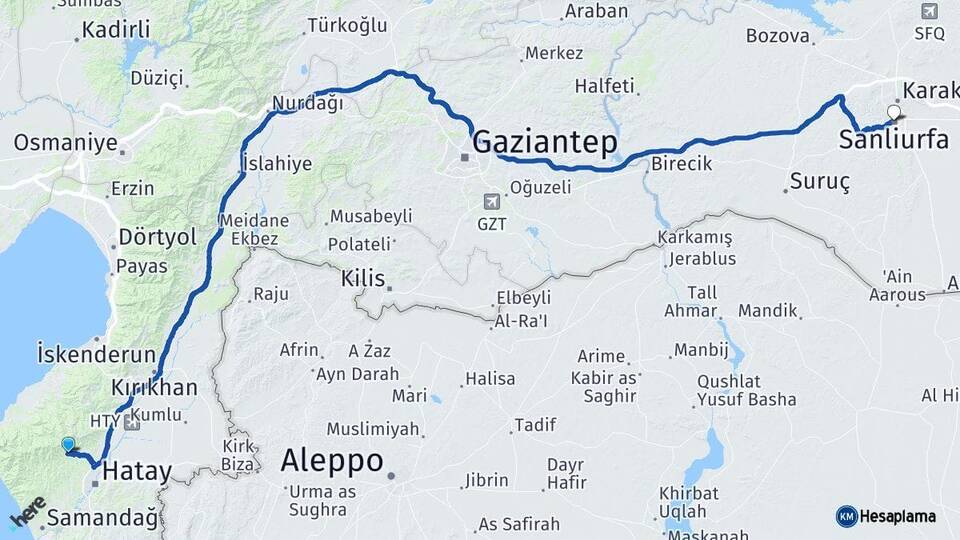 Hatay Antakya Şanlıurfa Arası Kaç Km - Yol Haritası