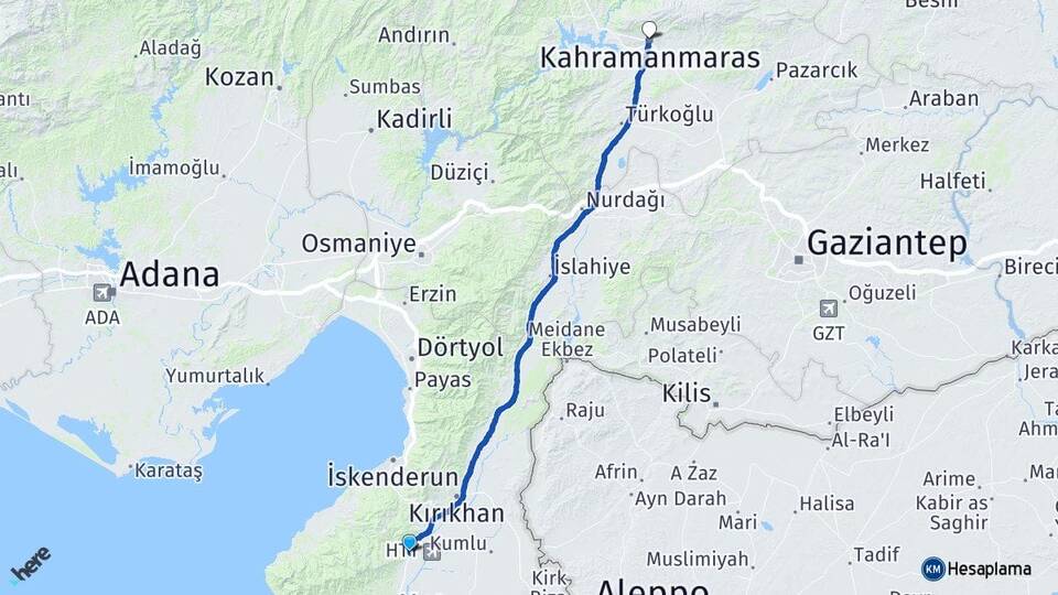Hatay Antakya Serinyol Kahramanmaraş Arası Kaç Km - Yol Haritası