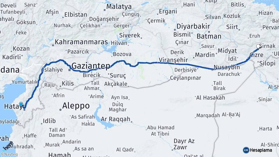 Hatay Antakya Şırnak Arası Kaç Km - Yol Haritası