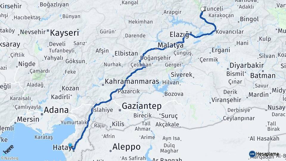 Hatay Antakya Tunceli Arası Kaç Km - Yol Haritası