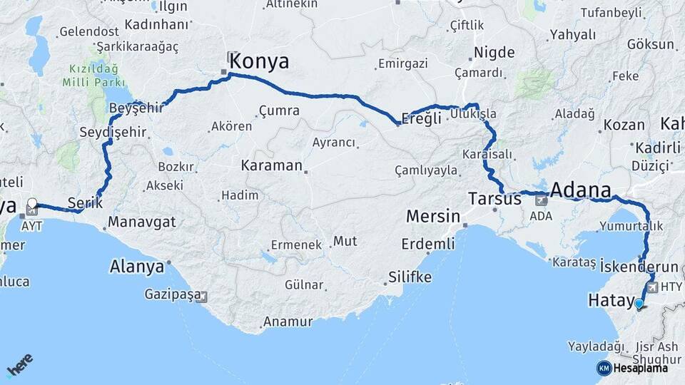 Hatay Antalya Havalimanı Arası Kaç Km - Yol Haritası