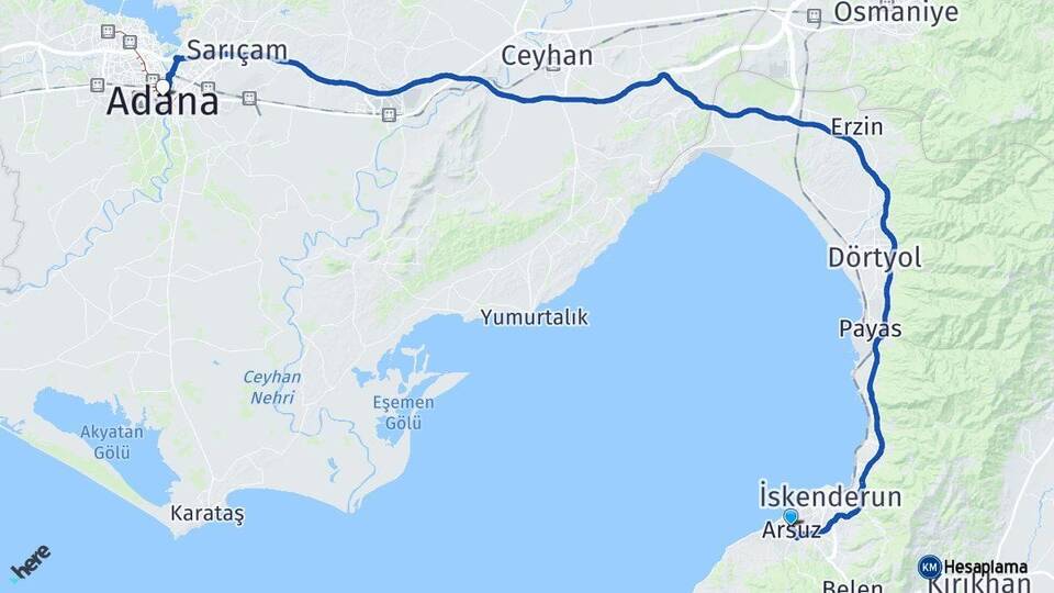 Hatay Arsuz Adana Arası Kaç Km - Yol Haritası
