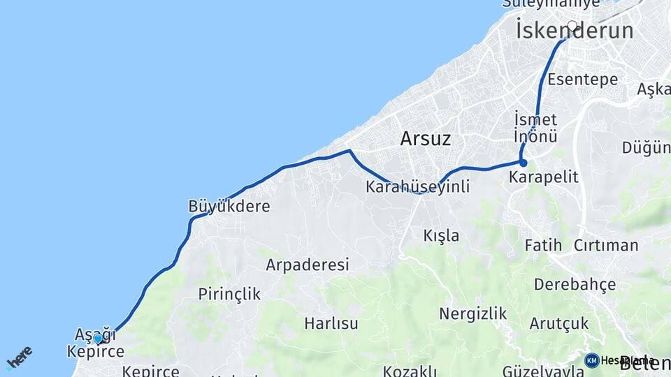 Hatay Arsuz Aşağı Kepirce İskenderun Arası Kaç Km - Yol Haritası