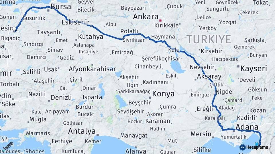 Hatay Arsuz Balıkesir Arası Kaç Km - Yol Haritası