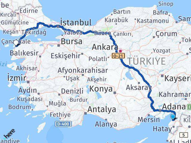 Hatay Arsuz Çanakkale Arası Kaç Km - Yol Haritası