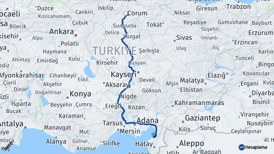 Hatay Arsuz Çorum Arası Kaç Km - Yol Haritası