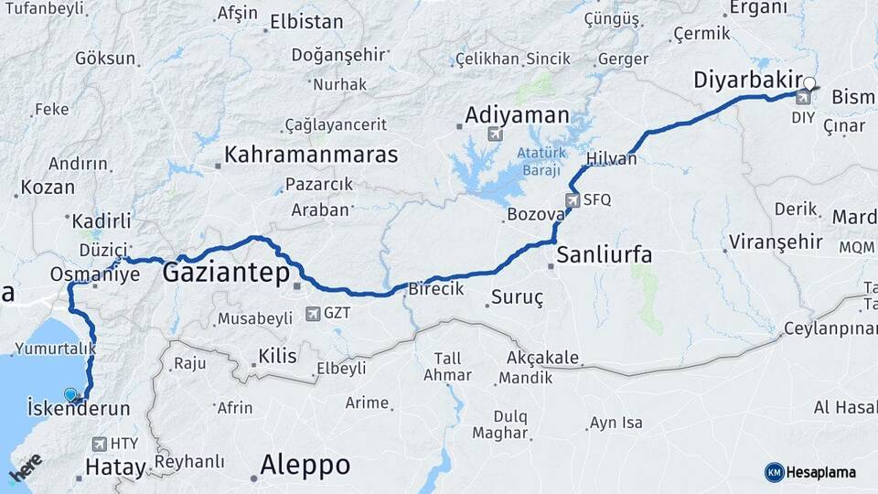 Hatay Arsuz Diyarbakır Arası Kaç Km - Yol Haritası