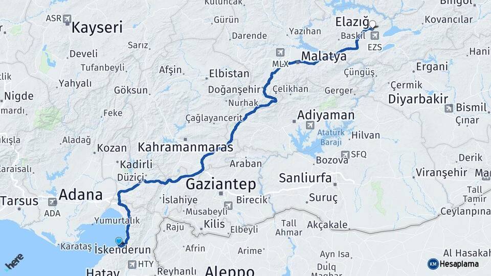 Hatay Arsuz Elazığ Arası Kaç Km - Yol Haritası