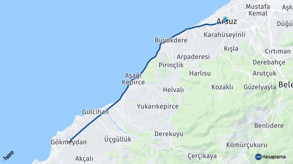 Hatay Arsuz Gökmeydan Arsuz Arası Kaç Km - Yol Haritası