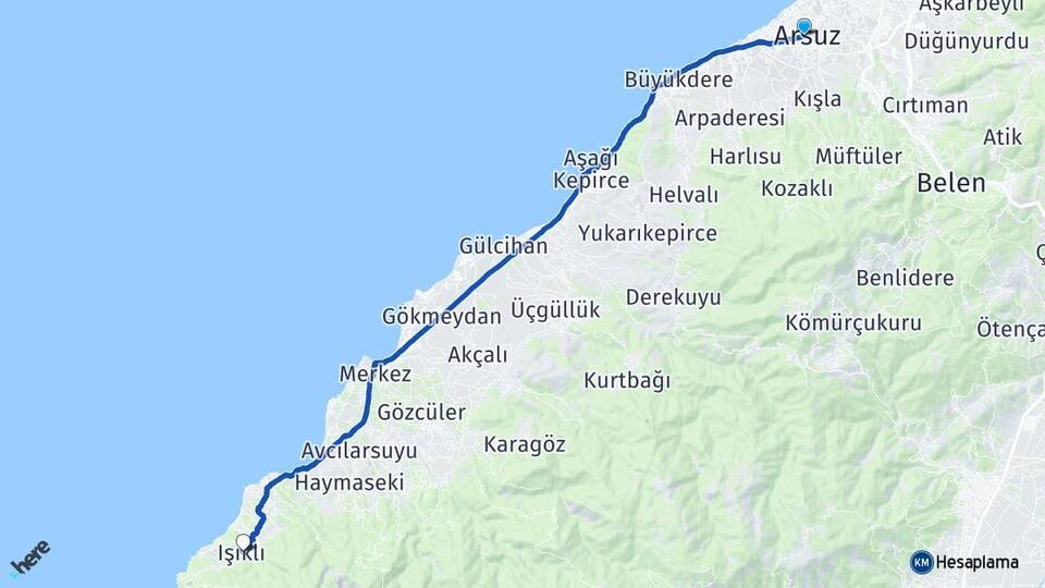 Hatay Arsuz Işıklı Arsuz Arası Kaç Km - Yol Haritası