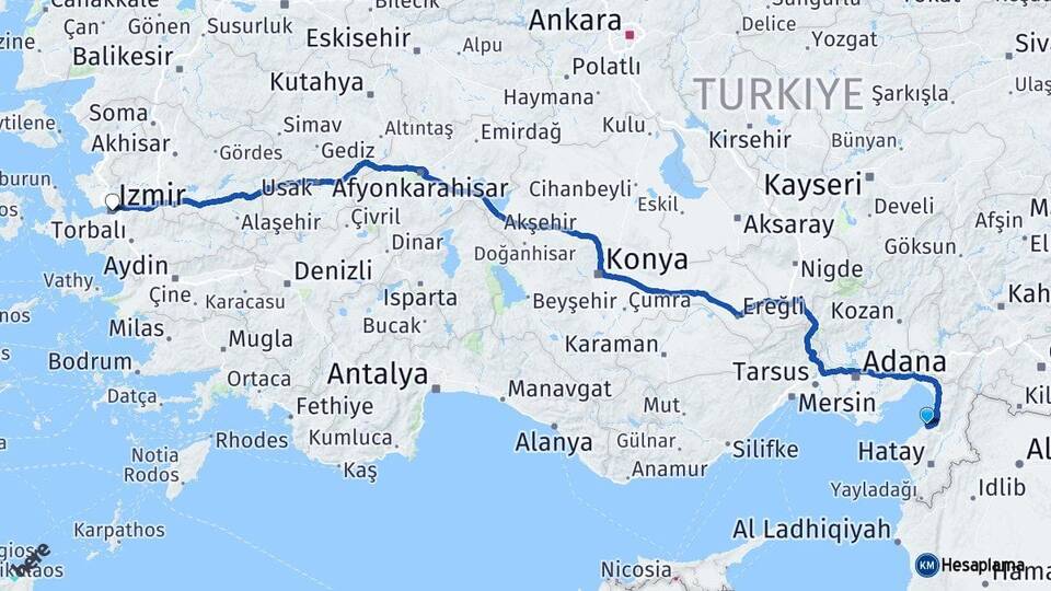 Hatay Arsuz İzmir Arası Kaç Km - Yol Haritası