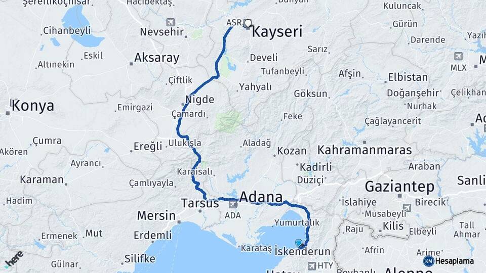 Hatay Arsuz Kayseri Arası Kaç Km - Yol Haritası