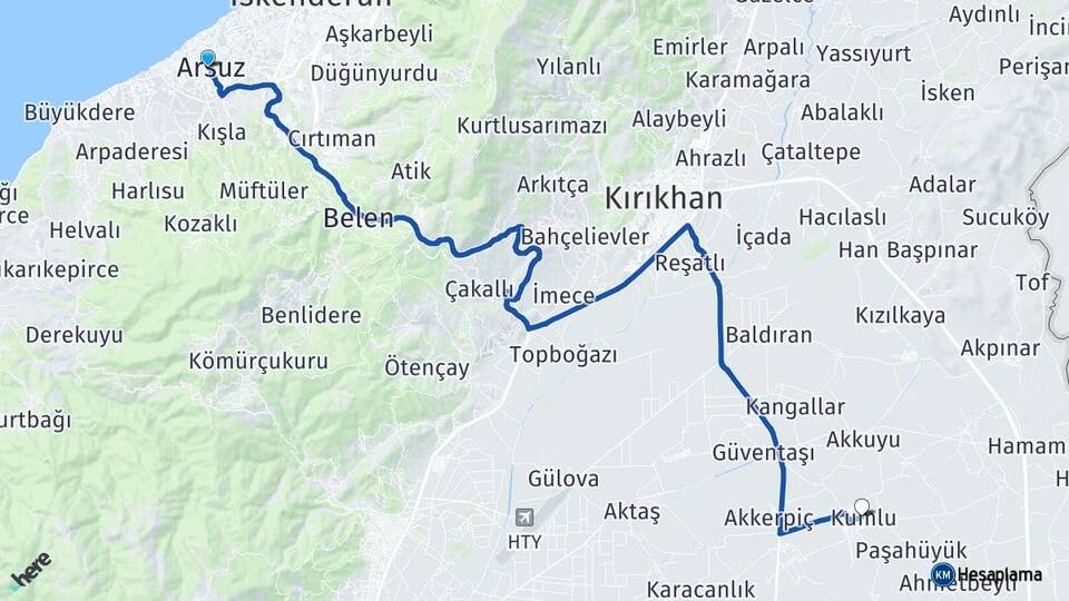 Hatay Arsuz Kumlu Arası Kaç Km - Yol Haritası