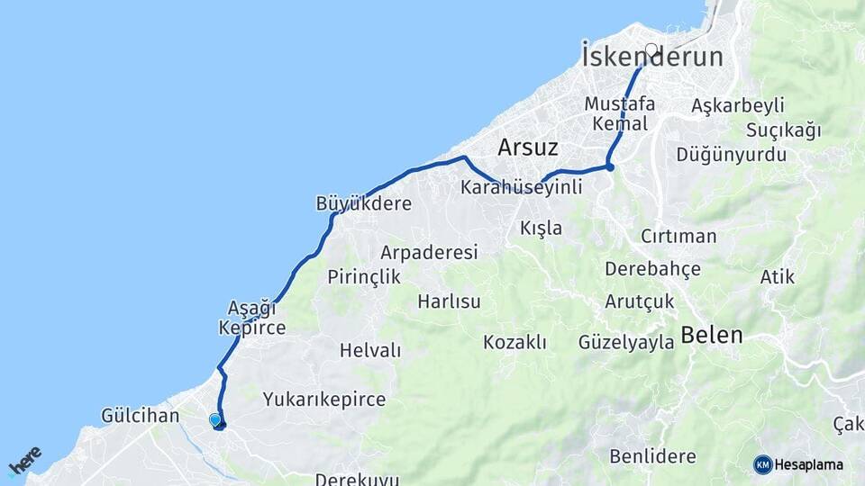 Hatay Arsuz Madenli İskenderun Arası Kaç Km - Yol Haritası