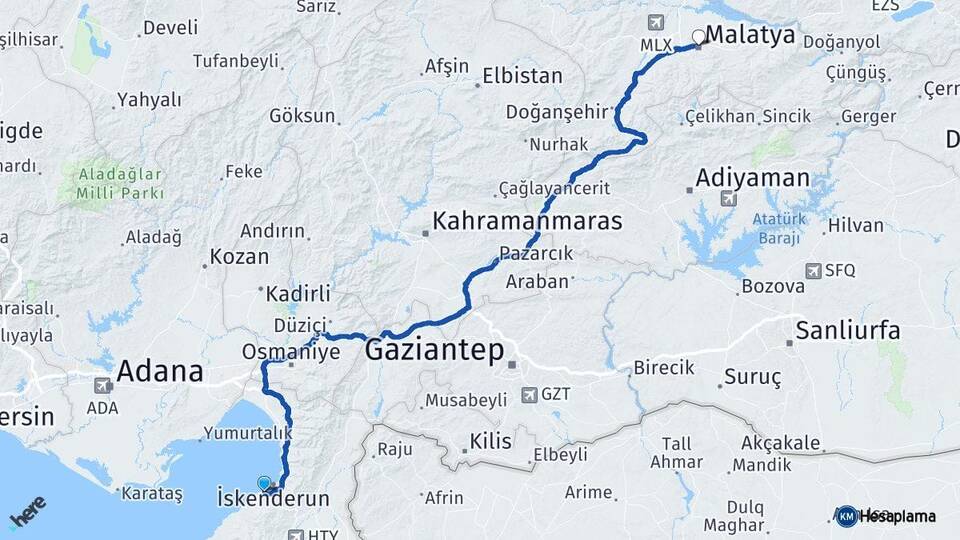 Hatay Arsuz Malatya Arası Kaç Km - Yol Haritası