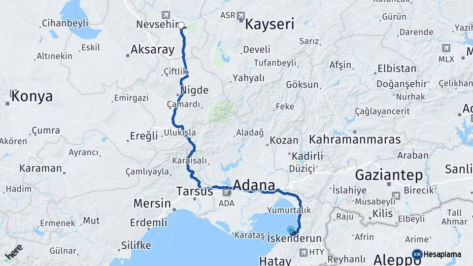 Hatay Arsuz Nevşehir Arası Kaç Km - Yol Haritası