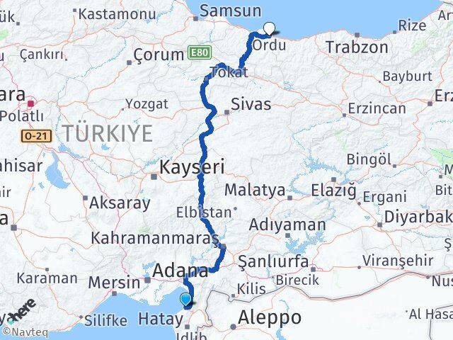 Hatay Arsuz Ordu Arası Kaç Km - Yol Haritası