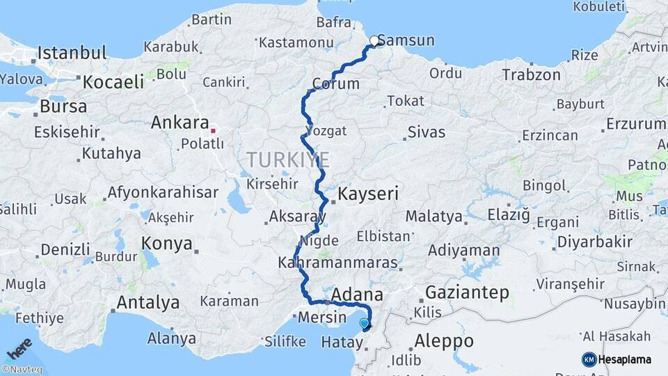 Hatay Arsuz Samsun Arası Kaç Km - Yol Haritası