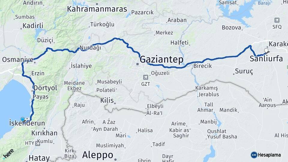 Hatay Arsuz Şanlıurfa Arası Kaç Km - Yol Haritası