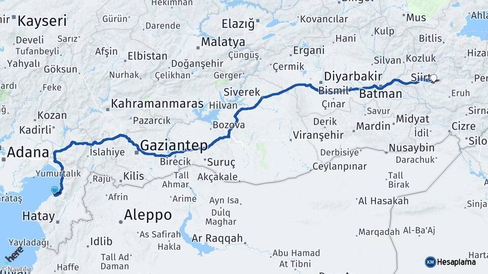 Hatay Arsuz Siirt Arası Kaç Km - Yol Haritası