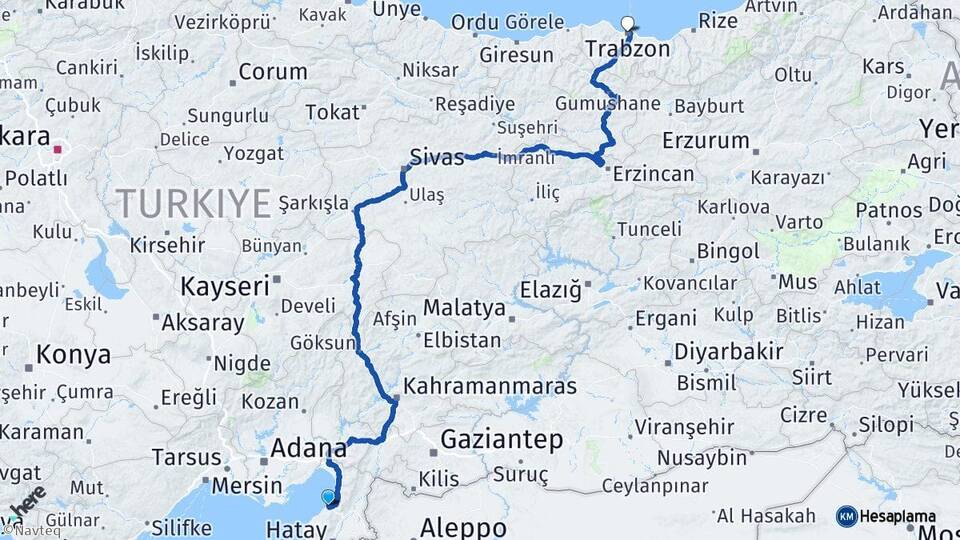 Hatay Arsuz Trabzon Arası Kaç Km - Yol Haritası