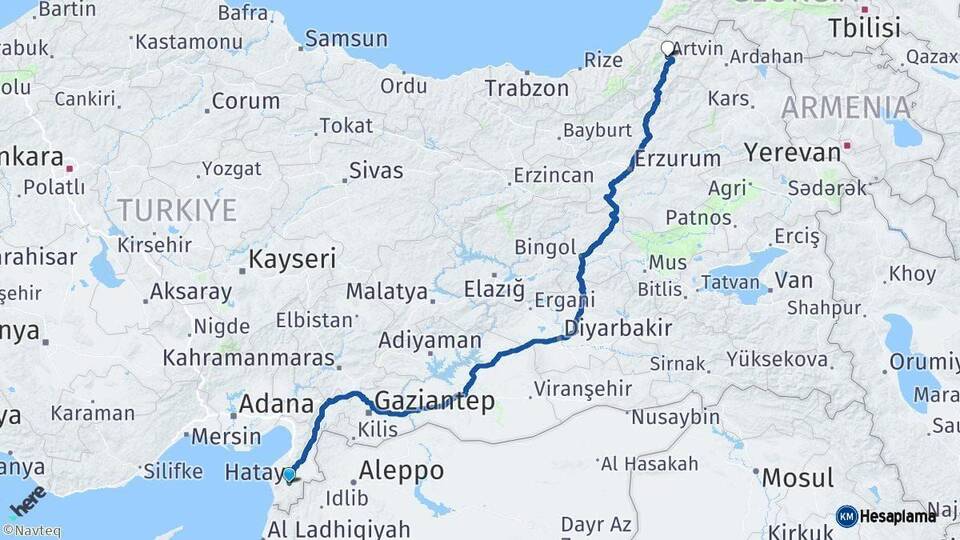 Hatay Artvin Arası Kaç Km - Yol Haritası