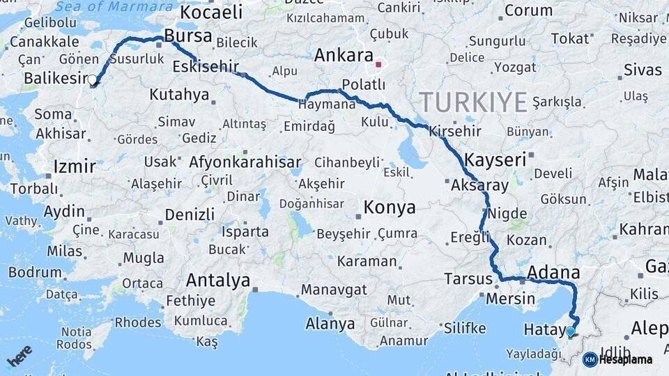 Hatay Balıkesir Arası Kaç Km - Yol Haritası