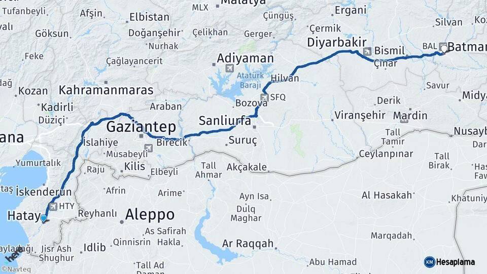 Hatay Batman Arası Kaç Km - Yol Haritası