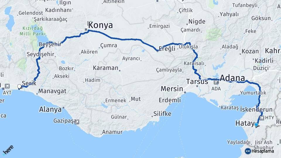 Hatay Belek Serik Antalya Arası Kaç Km - Yol Haritası
