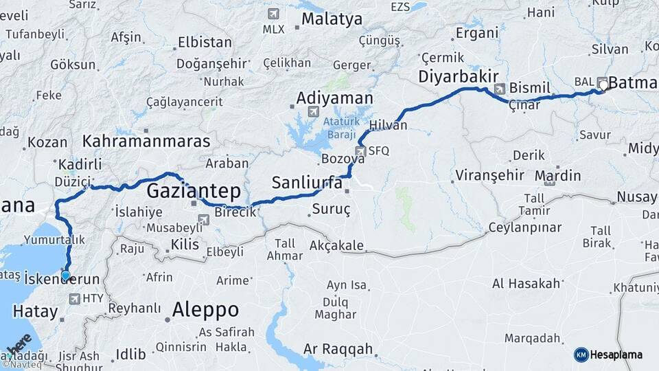Hatay Belen Batman Arası Kaç Km - Yol Haritası
