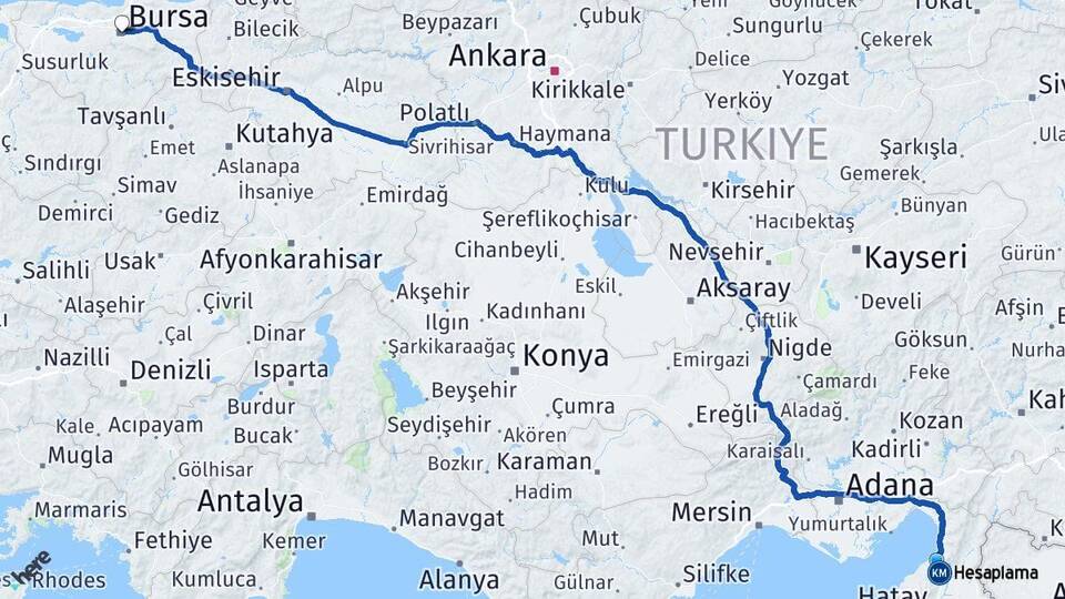 Hatay Belen Bursa Arası Kaç Km - Yol Haritası