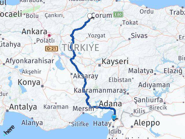 Hatay Belen Çorum Arası Kaç Km - Yol Haritası