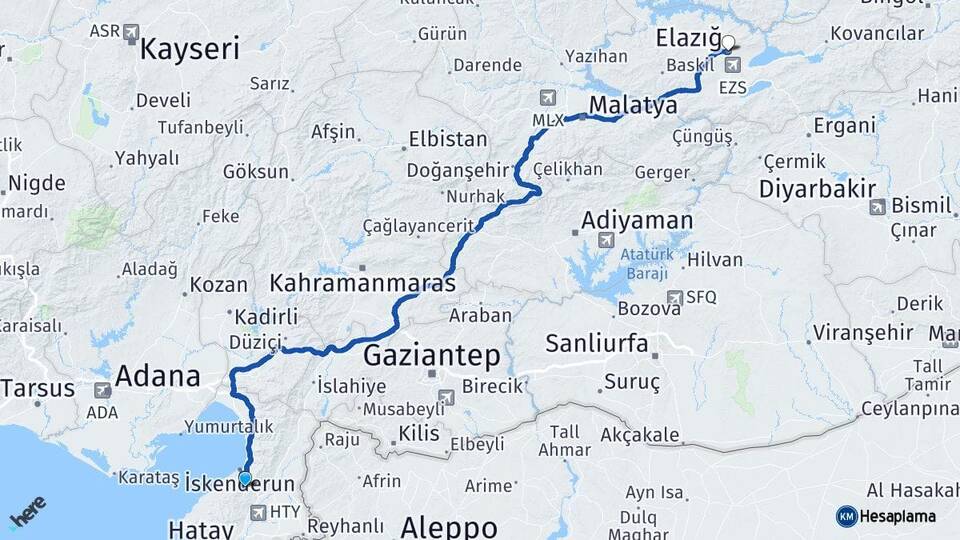 Hatay Belen Elazığ Arası Kaç Km - Yol Haritası