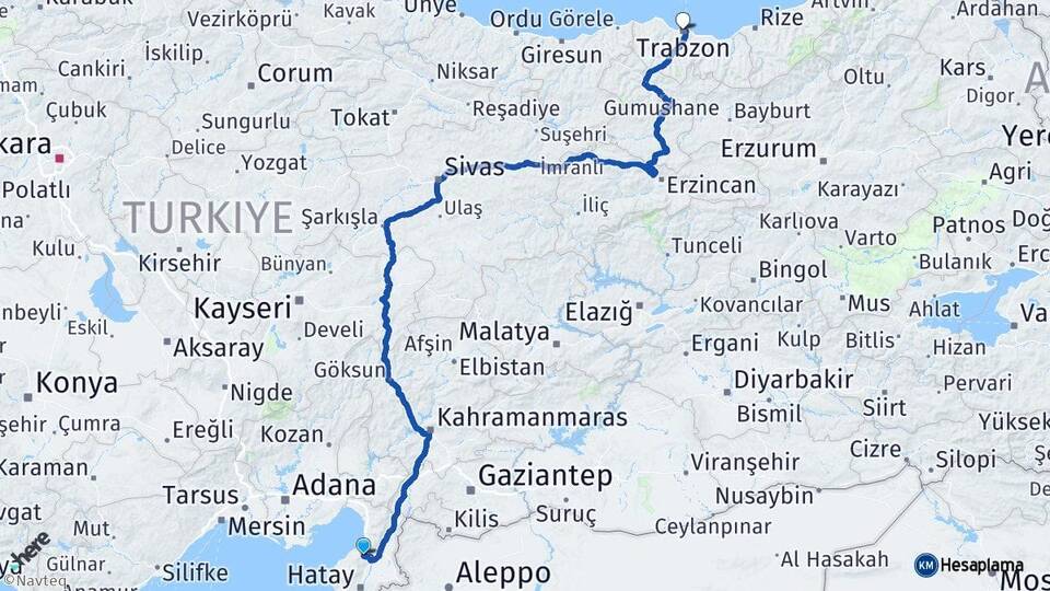 Hatay Belen Trabzon Arası Kaç Km - Yol Haritası