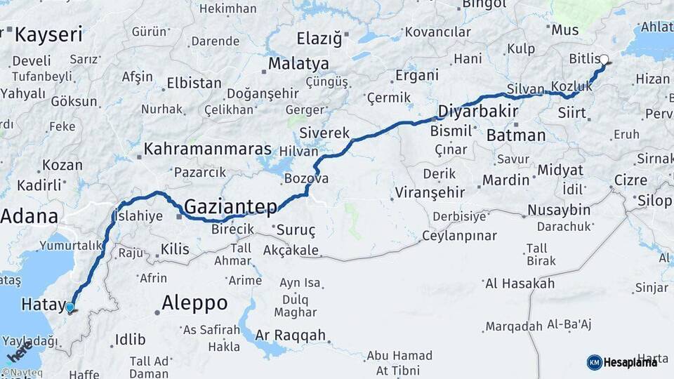 Hatay Bitlis Arası Kaç Km - Yol Haritası