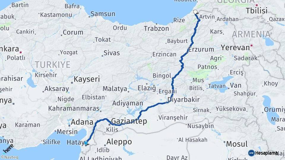 Hatay Borçka Artvin Arası Kaç Km - Yol Haritası
