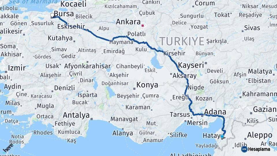 Hatay Bursa Arası Kaç Km - Yol Haritası