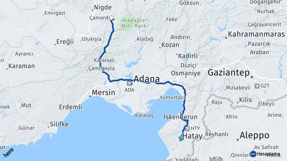 Hatay Çamardı Niğde Arası Kaç Km - Yol Haritası