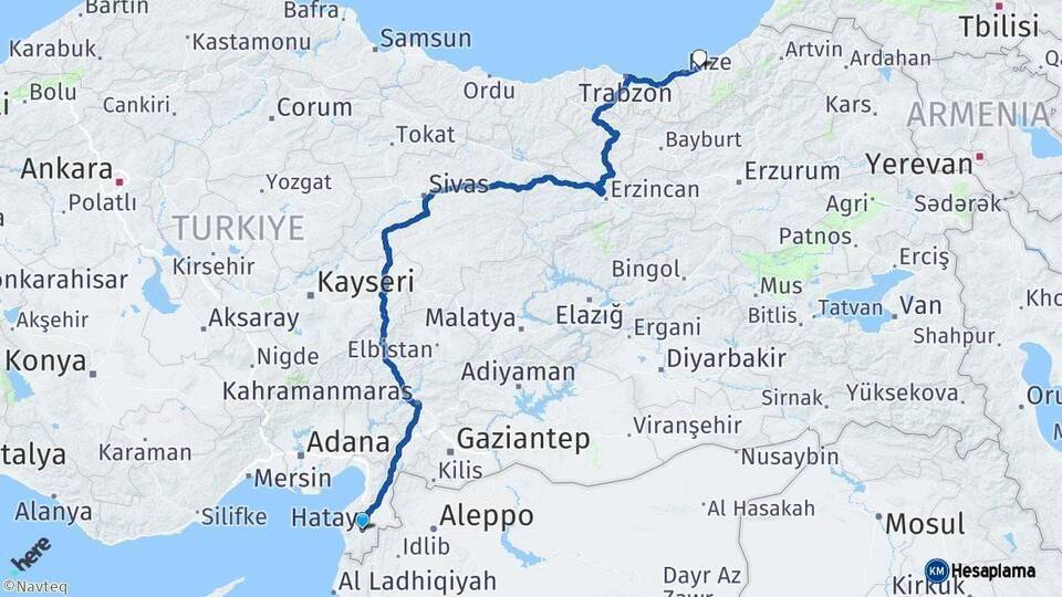 Hatay Çayeli Rize Arası Kaç Km - Yol Haritası