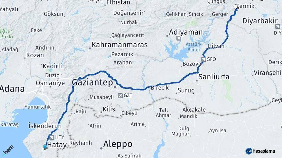 Hatay Çermik Diyarbakır Arası Kaç Km - Yol Haritası