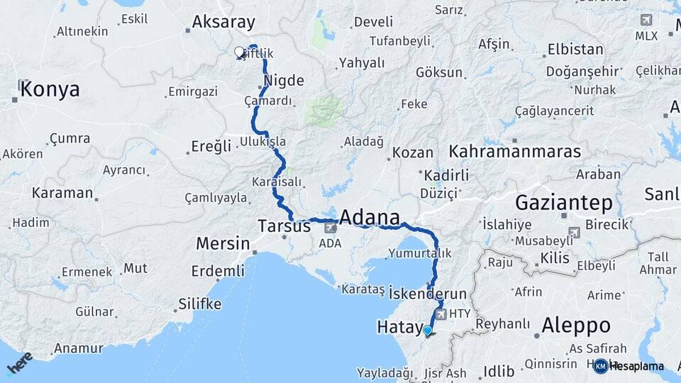 Hatay Çiftlik Niğde Arası Kaç Km - Yol Haritası