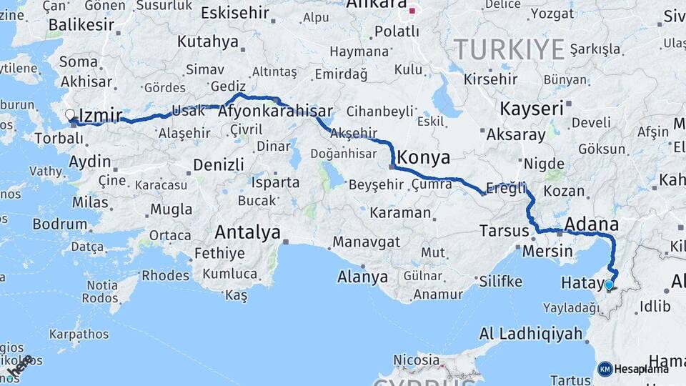 Hatay Çiğli İzmir Arası Kaç Km - Yol Haritası