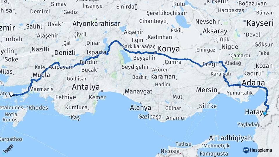 Hatay Datça Muğla Arası Kaç Km - Yol Haritası