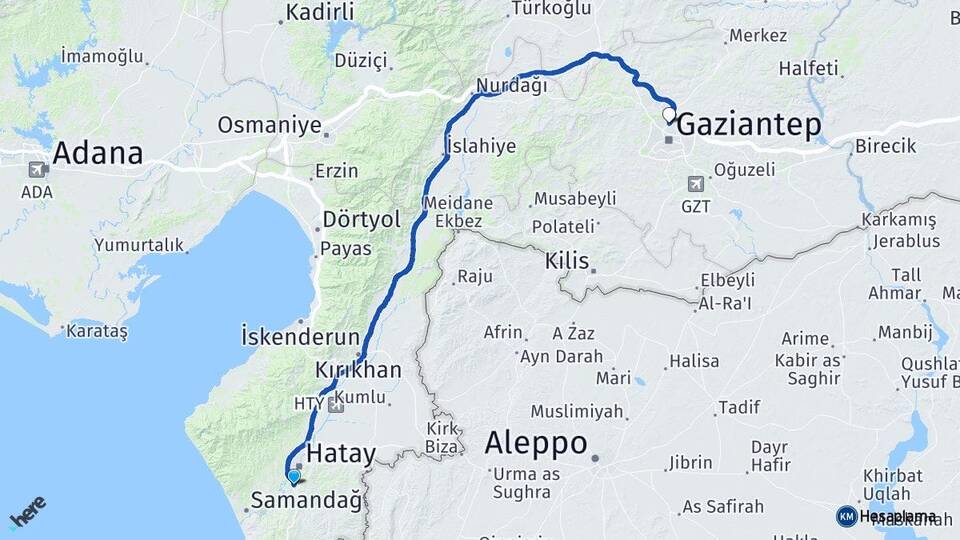Hatay Defne Harbiye Gaziantep Arası Kaç Km - Yol Haritası