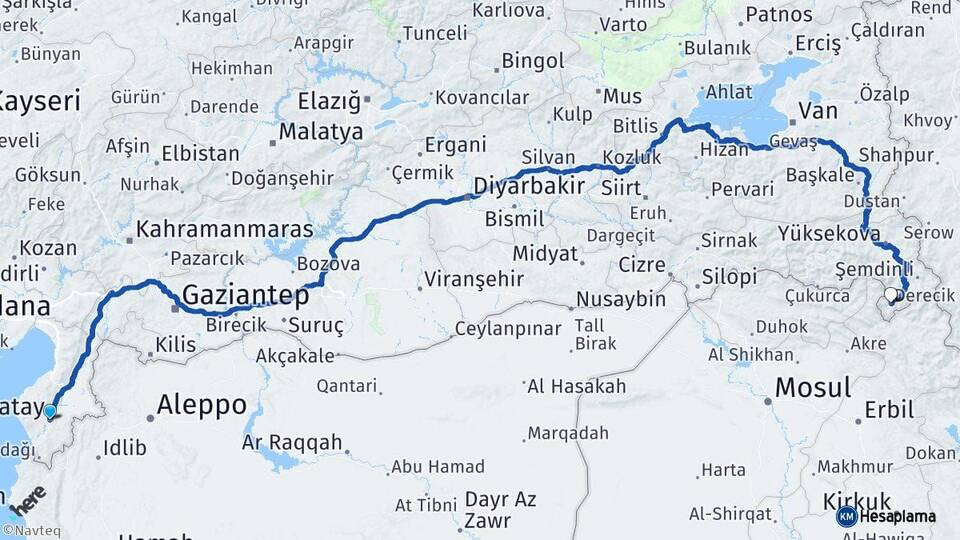 Hatay Derecik Hakkari Arası Kaç Km - Yol Haritası