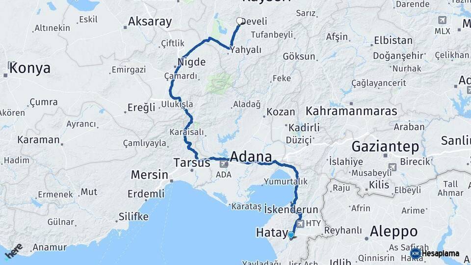 Hatay Develi Kayseri Arası Kaç Km - Yol Haritası
