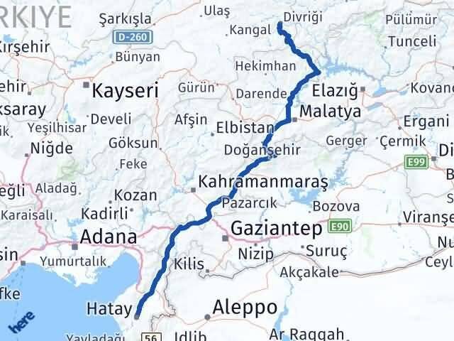 Hatay Divriği Sivas Arası Kaç Km - Yol Haritası