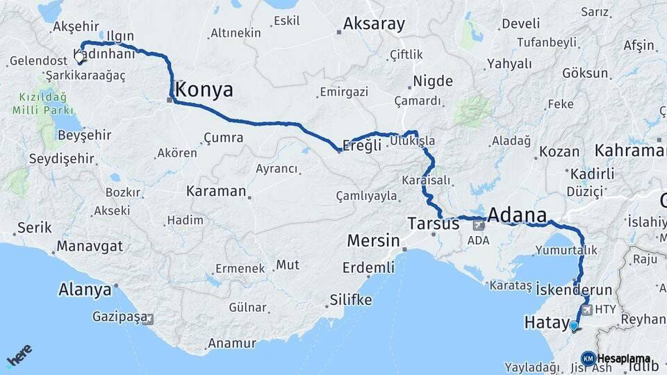 Hatay Doğanhisar Konya Arası Kaç Km - Yol Haritası