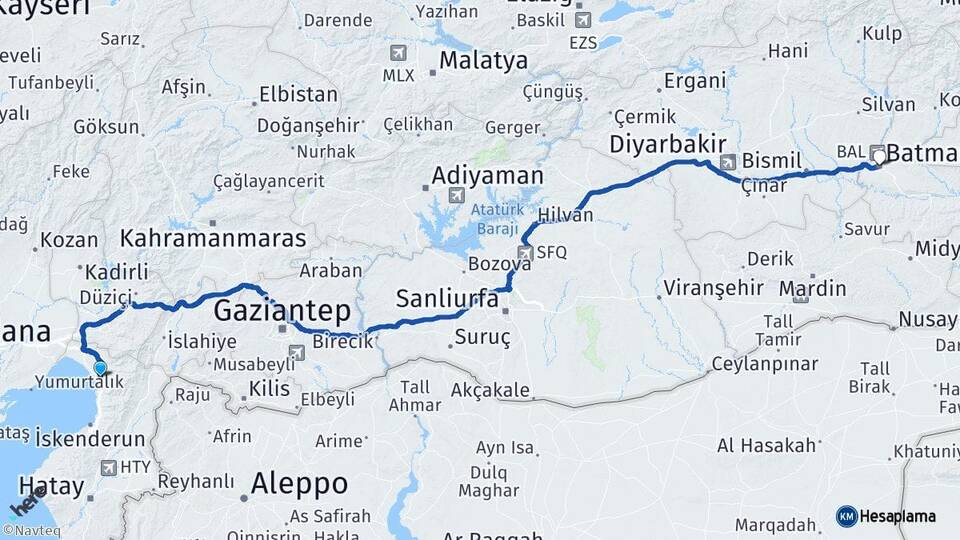 Hatay Dörtyol Batman Arası Kaç Km - Yol Haritası